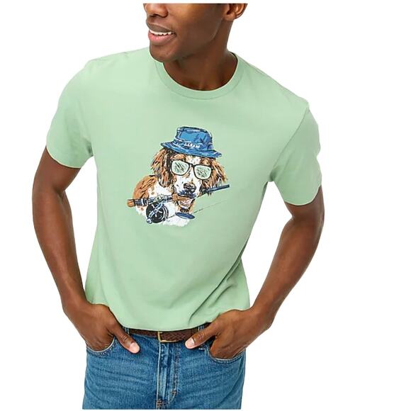 NWT J. Crew Men's Green W/Fishing Dog Graphic Tee - Picture 5 of 11